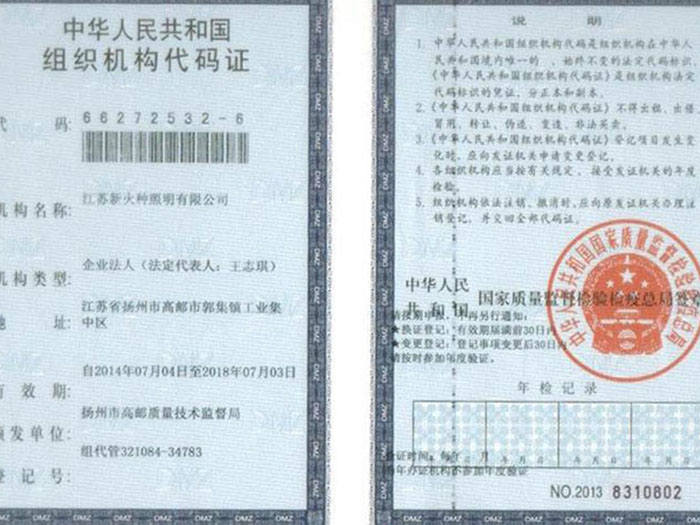 Organization code certificate